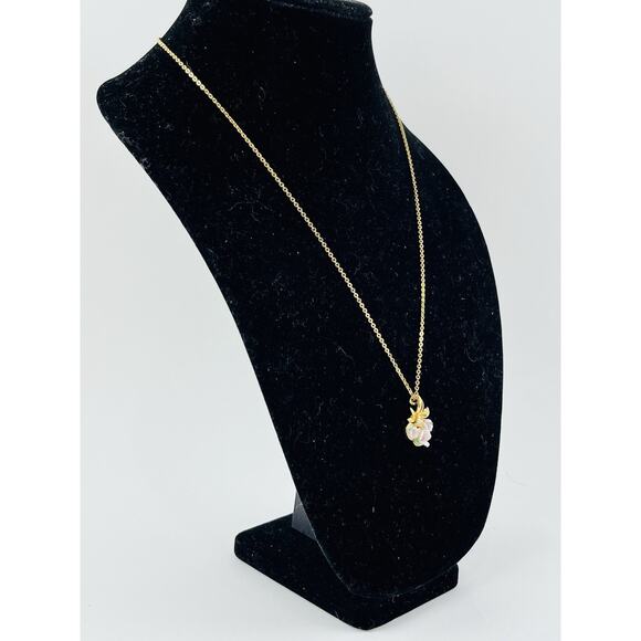 Avon Necklace Gold Tone Pink Porcelain Roses Rhinestone Pendant Chain Green Leaf - Picture 12 of 15